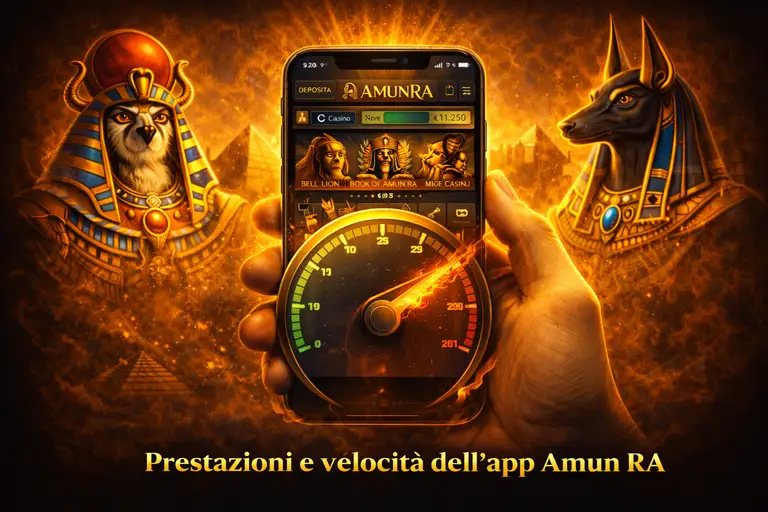 Prestazioni dell'app AmunRa con caricamento giochi in 2-4 secondi su 4G, tecnologia HTML5, stabilità durante le ore di punta e scommesse live in tempo reale