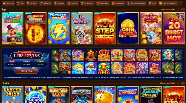 Sezione casinò sul sito ufficiale AmunRa con oltre 6.000 slot, giochi da tavolo, jackpot progressivi Wonderpot e filtri per fornitore e volatilità