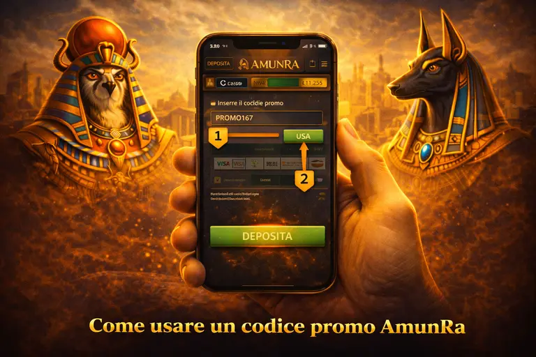 Guida all'utilizzo di un AmunRa Promocode con inserimento durante la registrazione, campo codice nelle impostazioni dell'account e attivazione istantanea