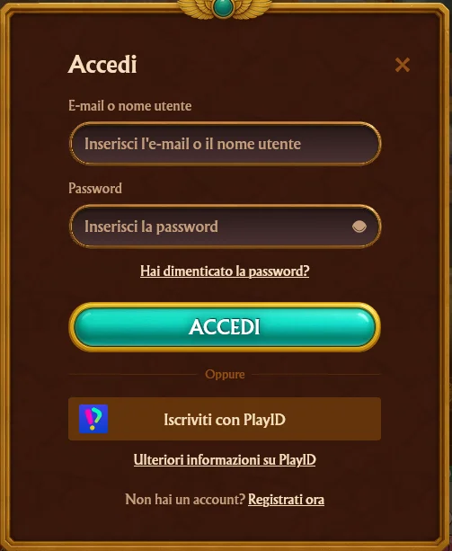 Modulo di login AmunRa con campi email e password, crittografia SSL, timeout della sessione e ripristino della password istantaneo