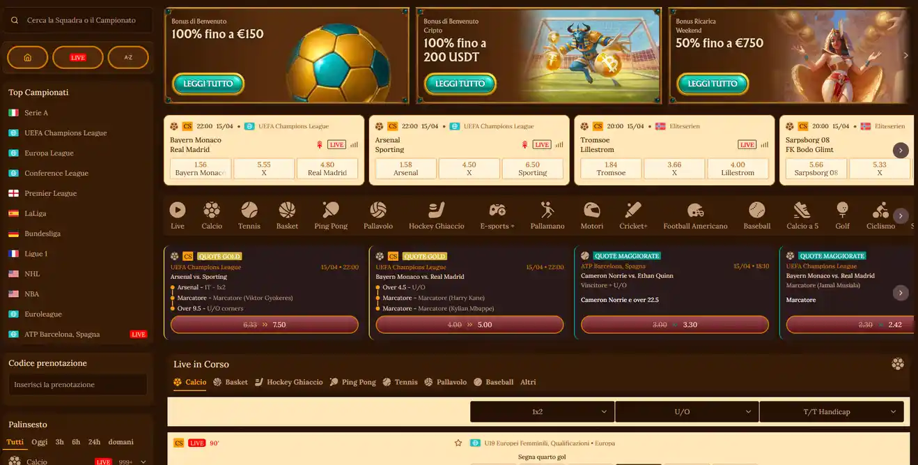 Sezione sportsbook della piattaforma Amun Ra con scommesse prematch, live in-play, calcio, basket, tennis, hockey e sport virtuali